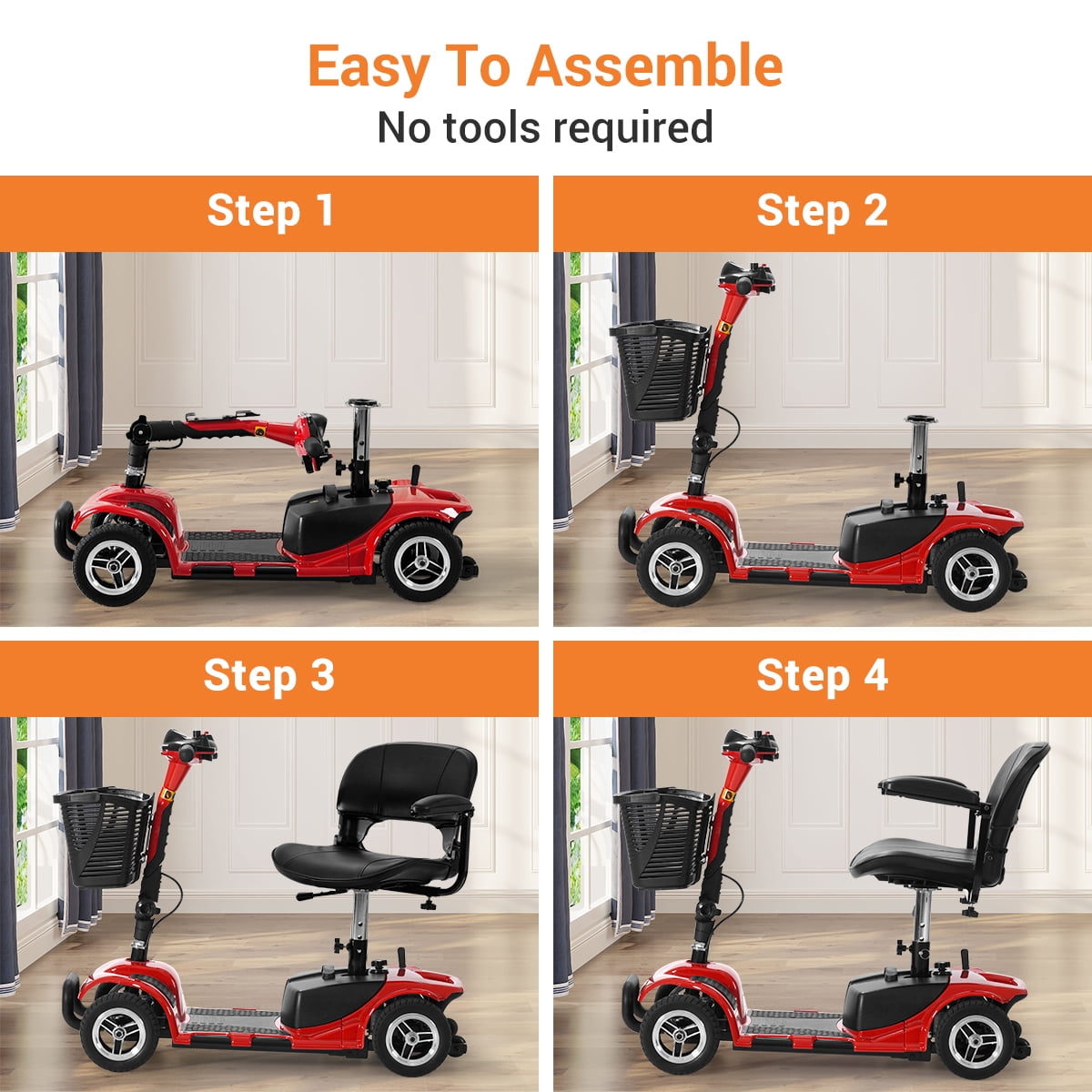 TEKAMON 4 Wheels Mobility Scooter - Portable Folding Power Electric Mobility Scooters for Seniors, Adults, Handicapped, Elderly - Range Extended Battery,Red
