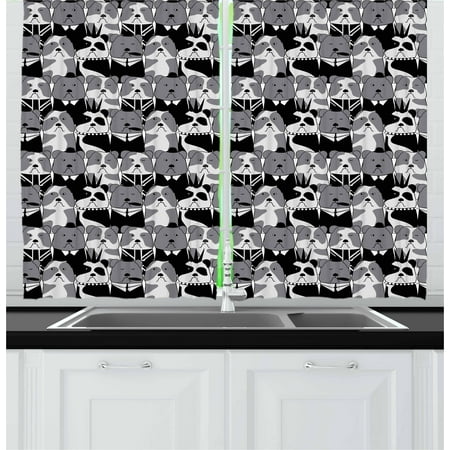 European Living Room - Bulldog Curtains 2 Panels Set, Pattern with English Bulldog European Gentleman and Punk Characters, Window Drapes for Living Room Bedroom, 55W X 39L Inches, Grey Black and Pale Grey, by Ambesonne