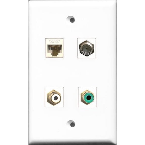 RiteAV 1 Port RCA White and 1 Port RCA Green and 1 Port Coax Cable TV- F-Type and 1 Port Cat6 Ethernet White Wall Plate