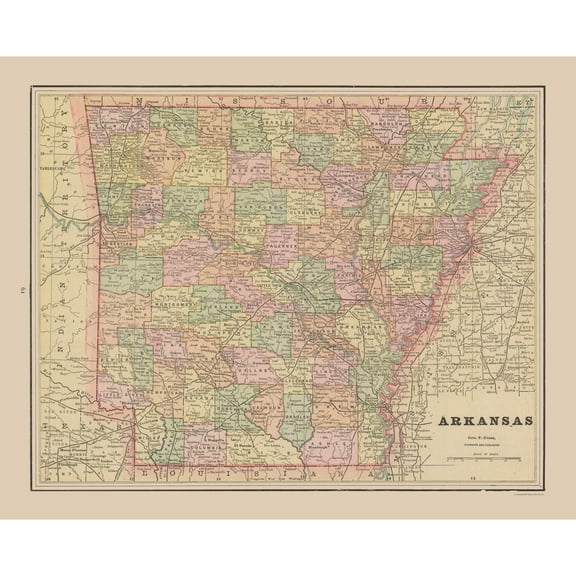 Historic State Map - Arkansas - Cram 1892 - 28.60 x 23 - Vintage Wall Art