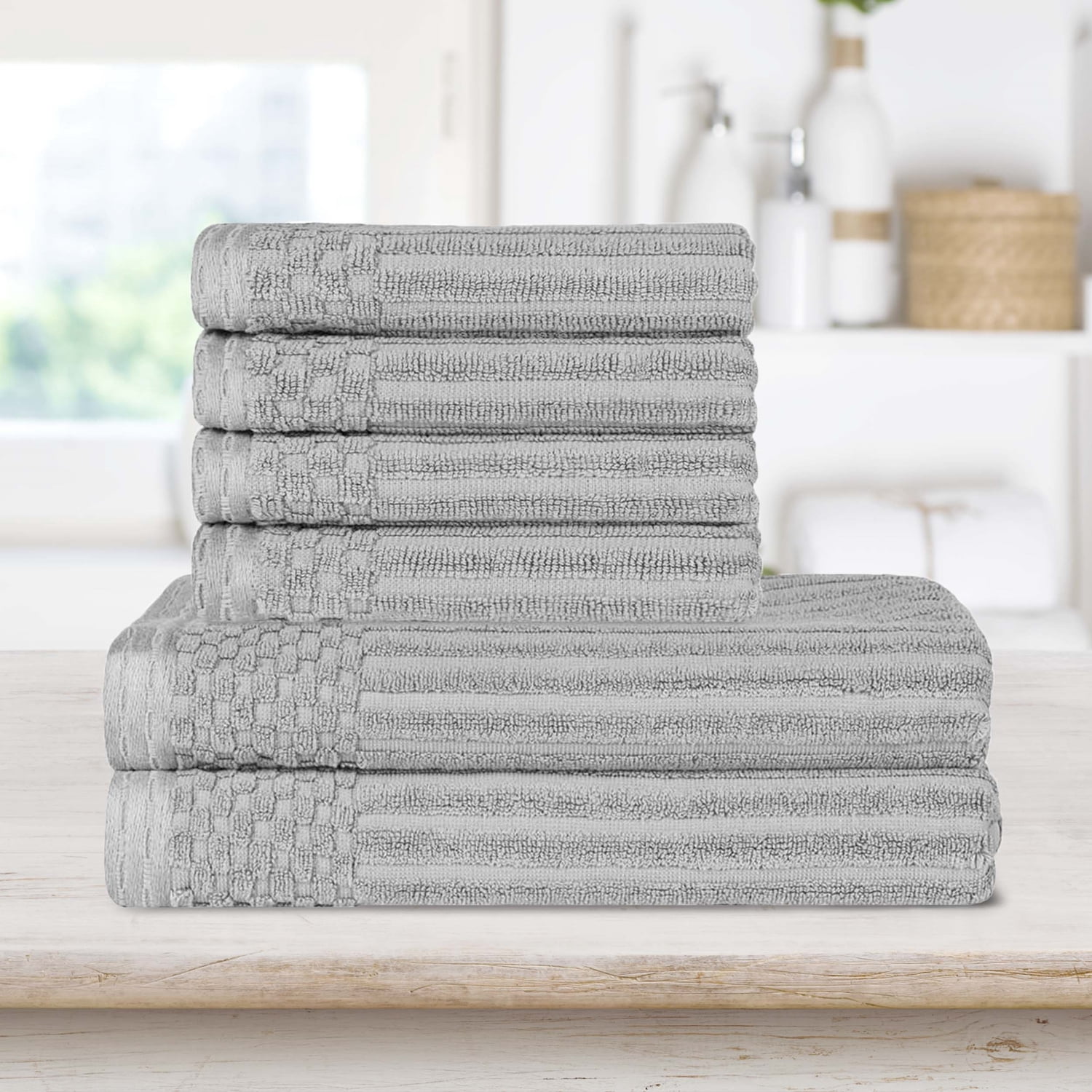 Superior Ribbed Cotton 6-Piece Silver Bath Towel/ Hand Towel Set