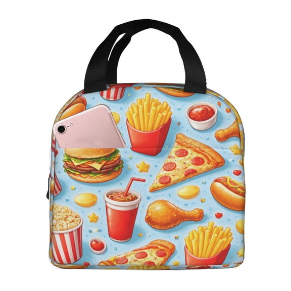 Fast Food Pattern Lunch Bag Reusable Thermal Lunch Box with Handle for Women and Men