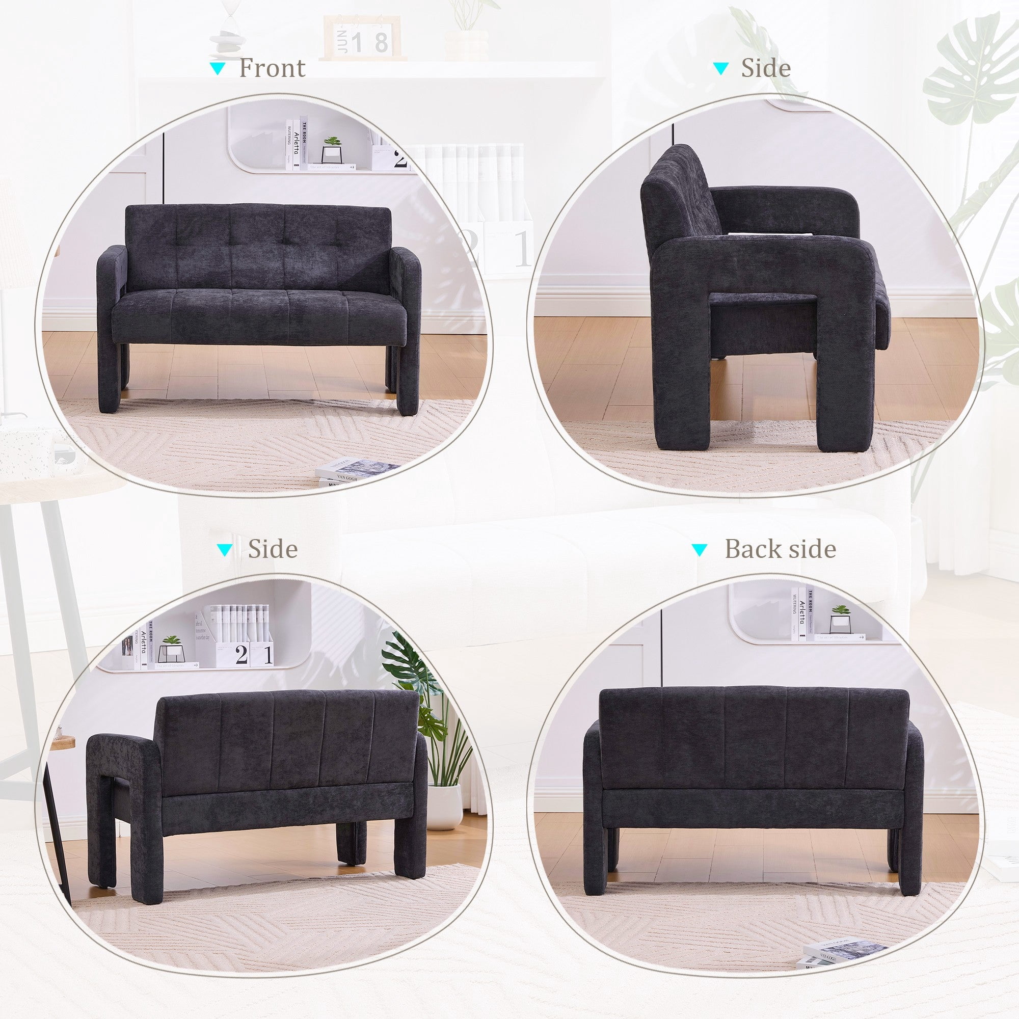 Sailvan Nordic Modern Chenille Loveseat,Compact 2-Seater Upholstered Sofa with Dual Armrests for Living Room,Bedroom,and Small Spaces Black