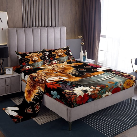 Erosebridal Kawaii Highland Cattle Bed Sheets Set Twin Size, Multicolor Floral Bedding Sets Twin Size, Rustic Farmhouse Decor 3pcs