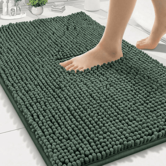 Homieway Chenille Bathroom Rug, Dark Green Ultra Soft Absorbent Bath Mat, Non-Slip Machine Washable Shower Floor Rug for Bathroom, Tub & Entryway, 16"x24"