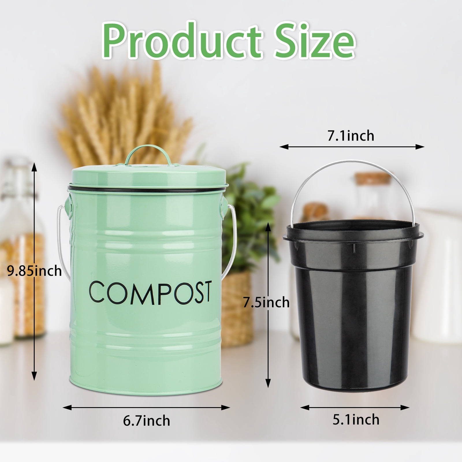 Vipush Compost Bin Kitchen Counter, Durmmur 1.0 Gallon Indoor Kitchen Compost Bin, Energetic Green Countertop Compost Bin with Lid Sealed for Waste Food Compost Bucket