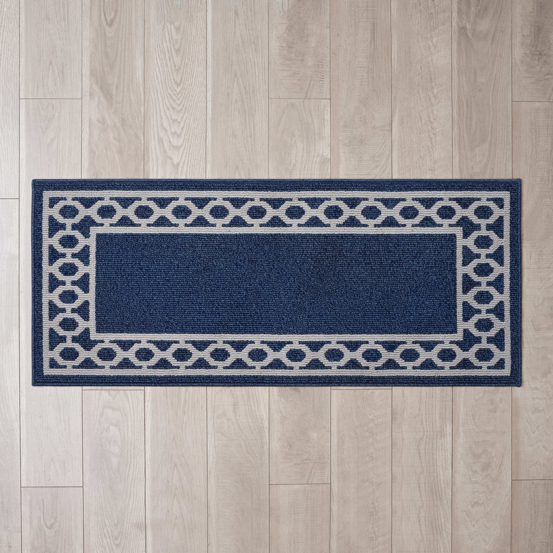 Washable Skid-Resistant Runner Rug, Trellis Border , Denim Twist and Light Grey , 26" x 72"