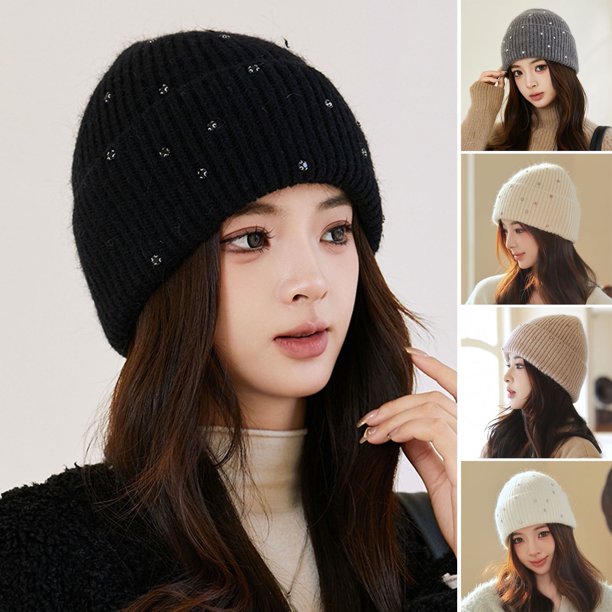 Gorro de punto grueso con decoración de diamantes de imitación para mujer, suave, cálido, elástico, sin ala, color sólido, antideslizante, resistente al viento, para otoño e invierno.