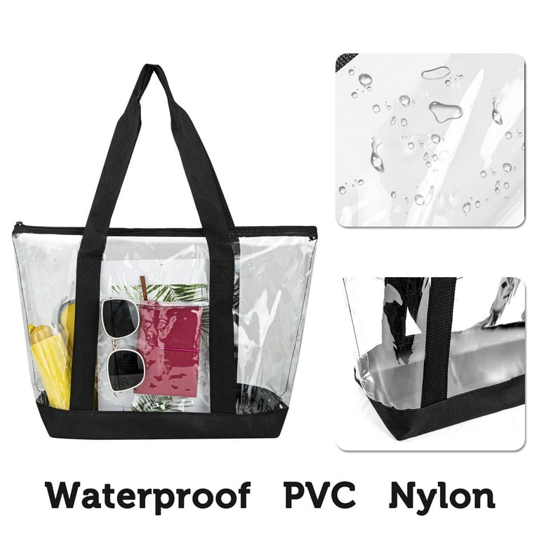 Toptie Clear Tote Bag Waterproof PVC Bag with Zipper Pocket Long Shoulder Strap Use for Beach Concert Shopping Black