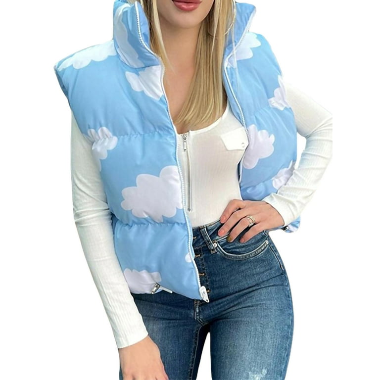 Ma Baby Women s Padded Vest Blue Cloud Print Zip Up Stand up