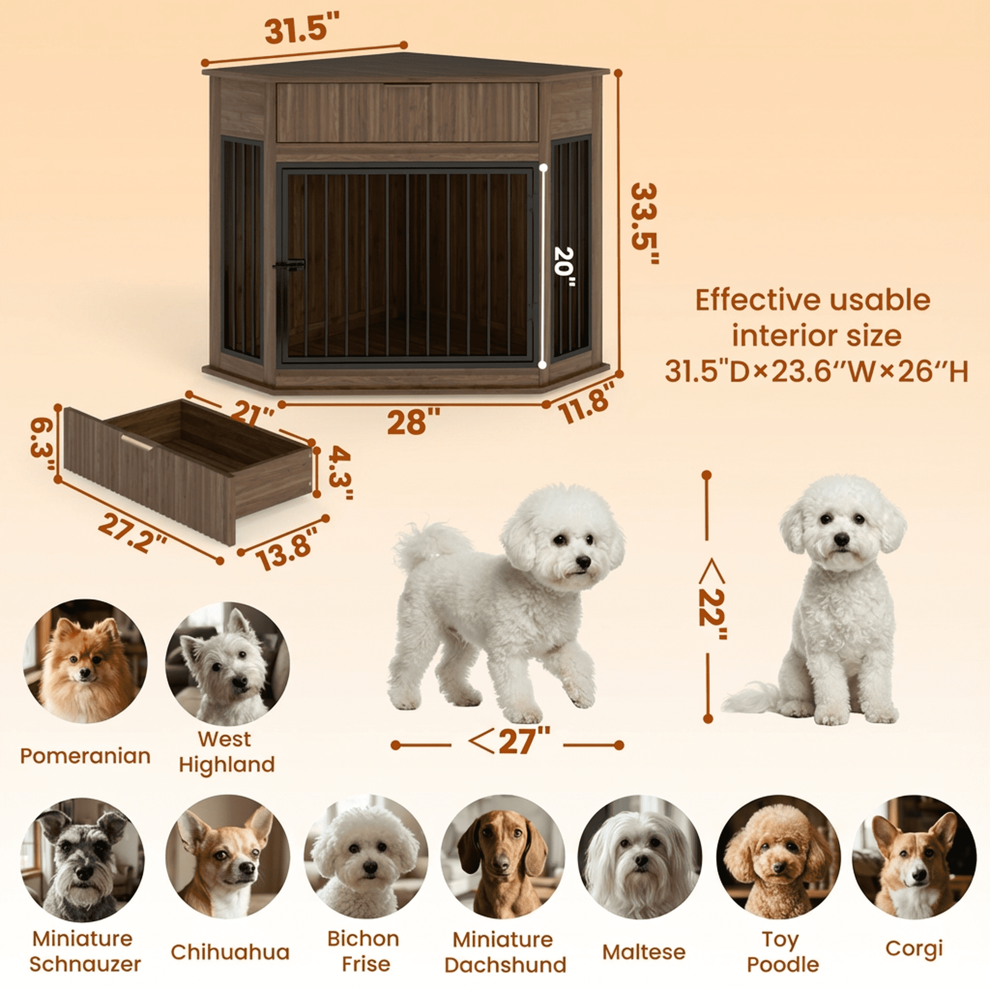 Aukfa Corner Dog Crate Furniture, Small to Medium Dog Kennel with Fluted Drawer for Home Indoor,Brown