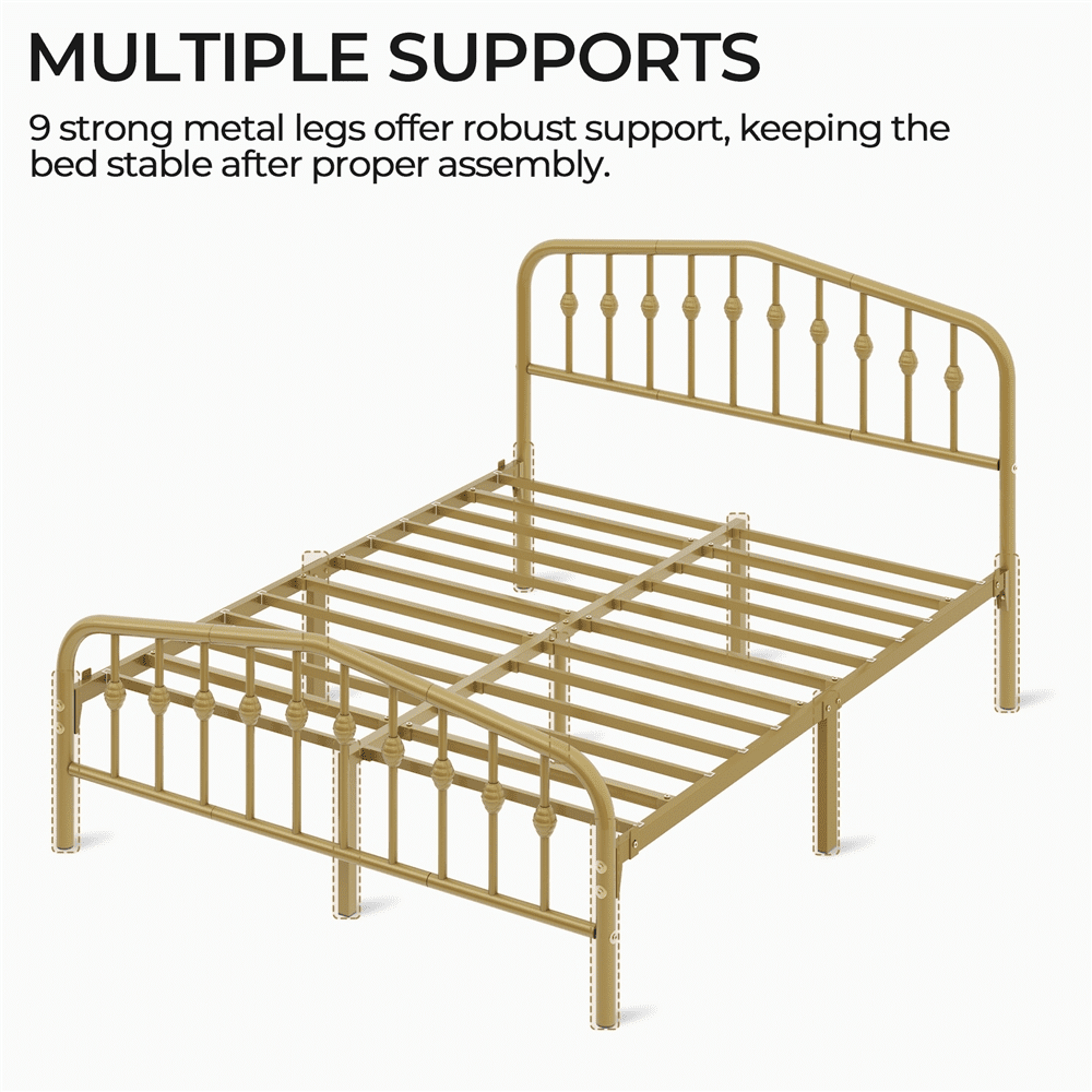 Renwick Modern Metal Platform Queen Bed with Arched Headboard and Footboard, Adult, Antique Gold