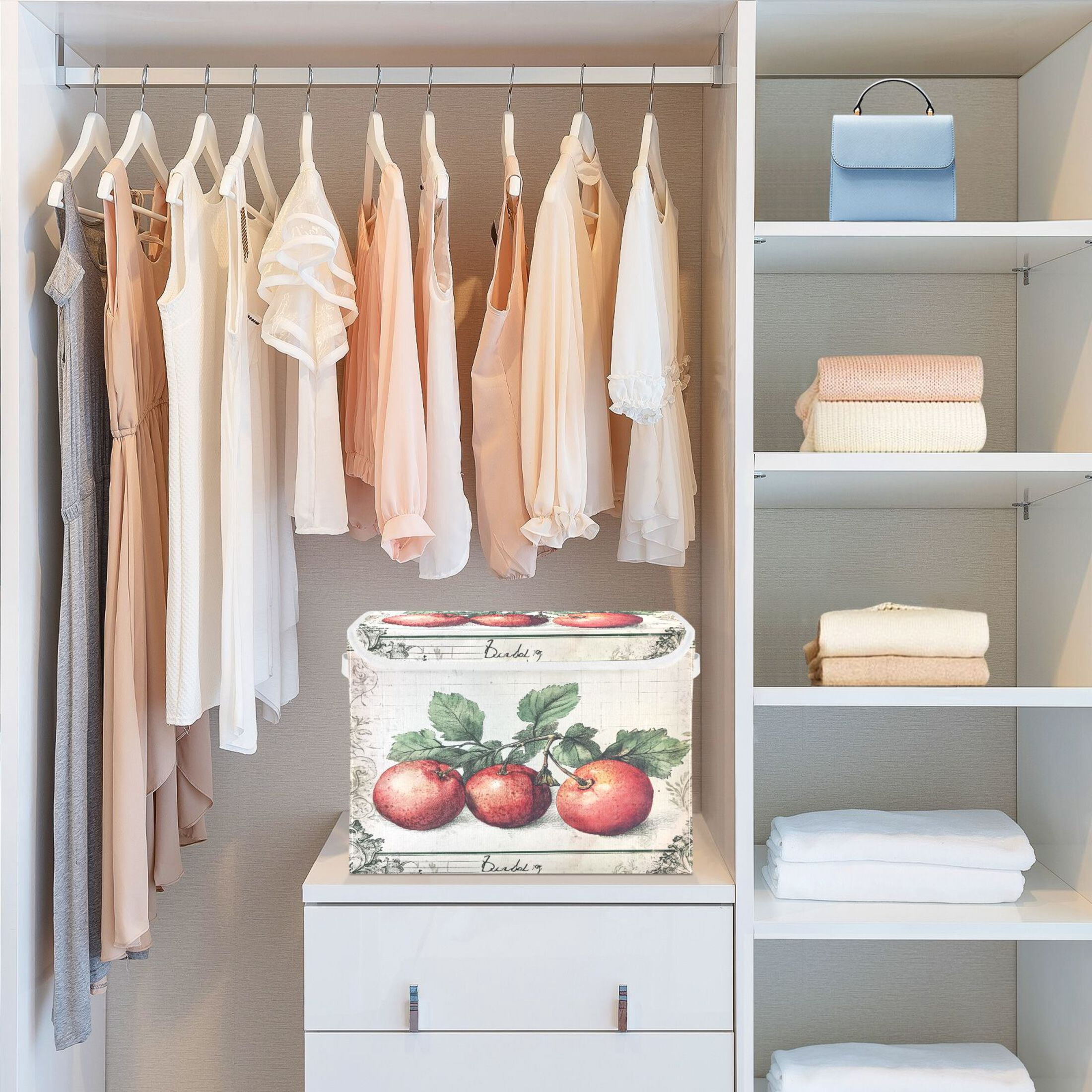 WOBOGO Red Fruit Picture Large Collapsible Storage Box Flip Lid Fabric Decorative Organizer Container Basket with Handles 16.5×12.6×11.8in