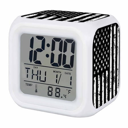 Black White Digital Alarm Clock for Bedrooms,Smart LED Alarm Clock with 7 Color Night Light,Retro Stars Stripes Flag Shabby Chic Texture Silent Wake Up Clocks for Sleep Study Cooking 3.2x3.2