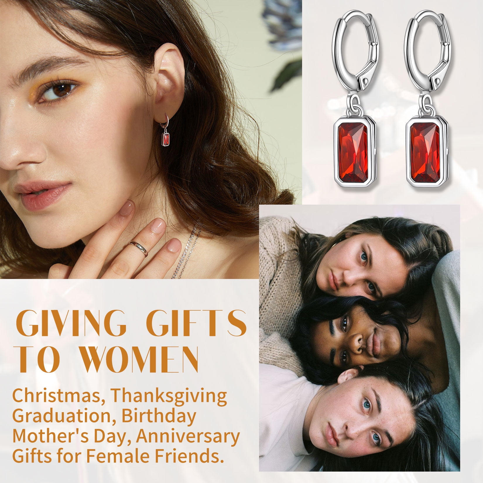 Suplight 925 Sterling Silver Emerald Cut Birthstone Hoop Dangle Earrings, Women Cubic Zirconia Crystal Drop Earrings
