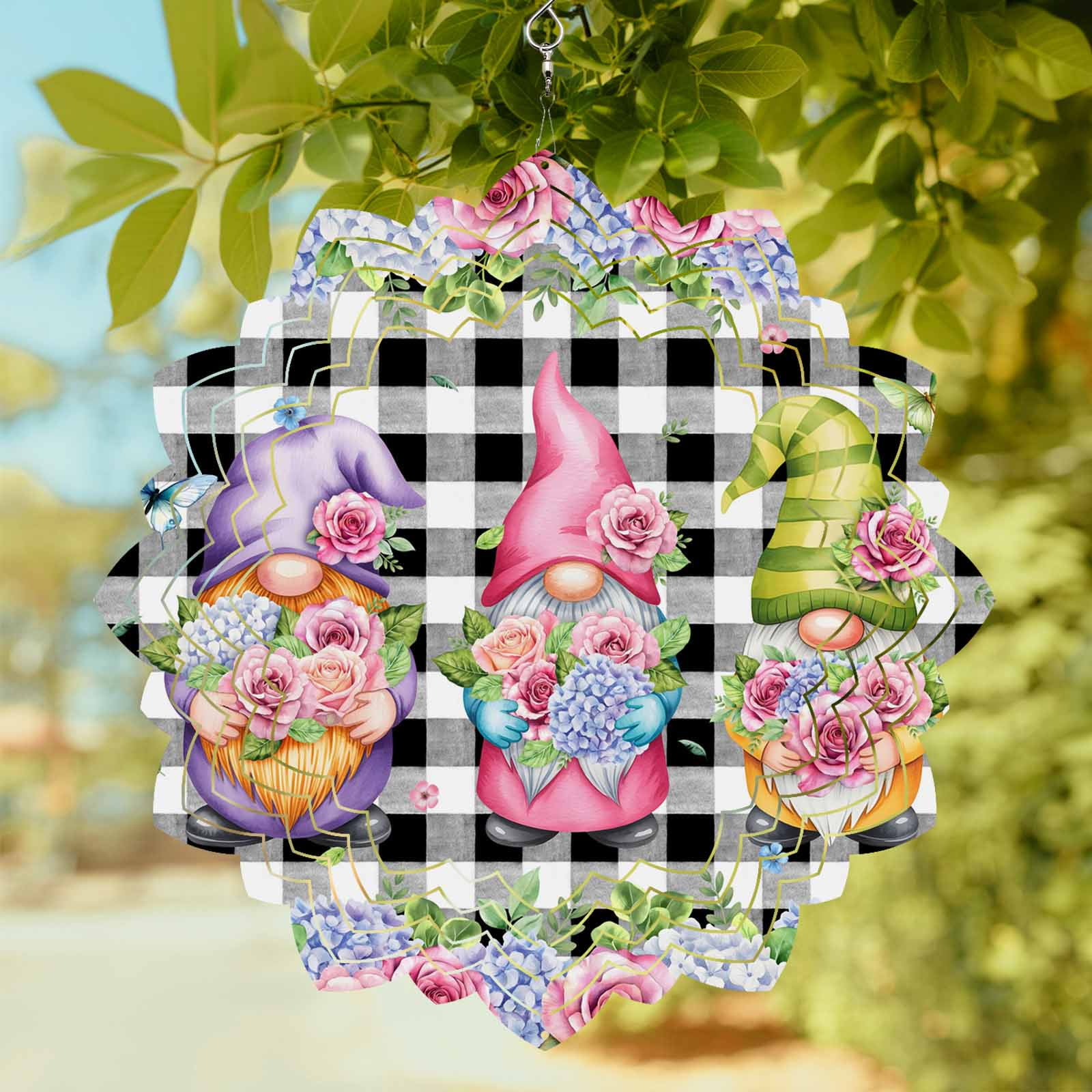 Spring Wind Spinner for Garden Yard 12In Purple Pink Green Rose Floral Leaf Gnomes Black Plaid 3D Stainless Steel Kinetic Hanging Wind Spinners Rustproof Outdoor Decor for Lawn Patio Home