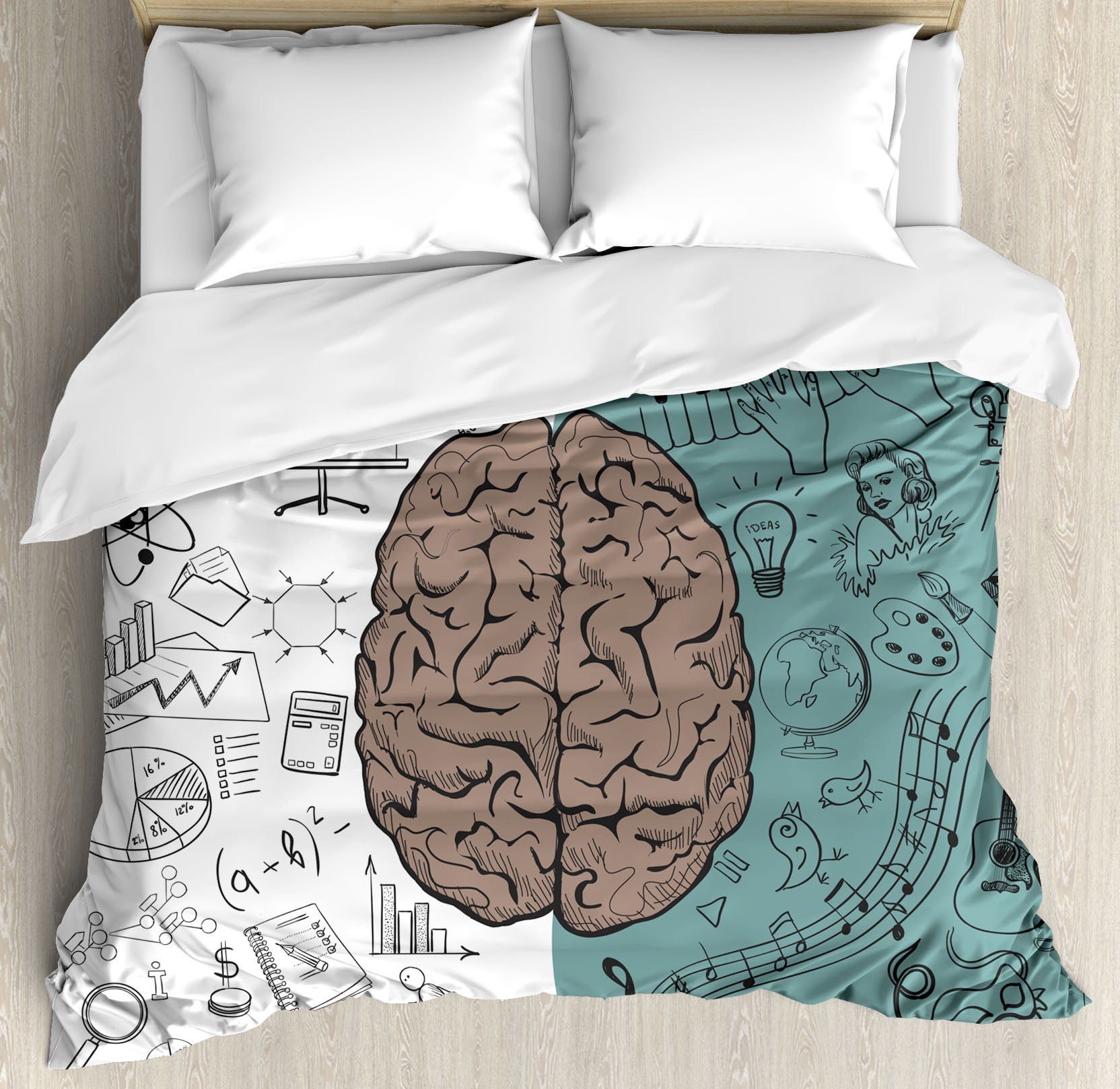 Modern Duvet Cover Set Brain Image With Left And Right Side Logic Artwork Science Print Decorative Bedding Pillow Shams White