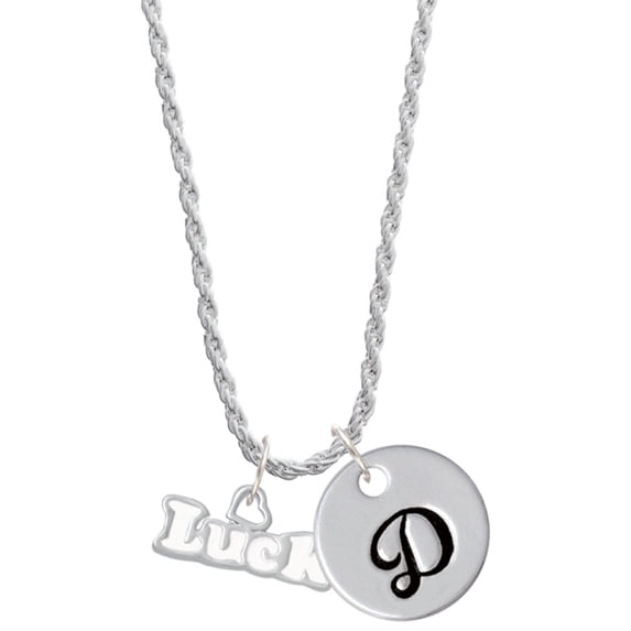 Delight Jewelry White ''Luck'' with Heart Silvertone Script Initial Disc - D - Charm Necklace, 20"+3"