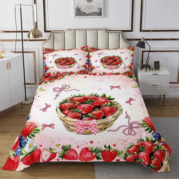 Erosebridal Red Strawberry Coverlet Set King,Kawaii Bowknot Bedding Set,Cute Fruit Bedspread Sets King Size,Ultra Soft Floral Daisy Bedroom Decoration,3 Pieces