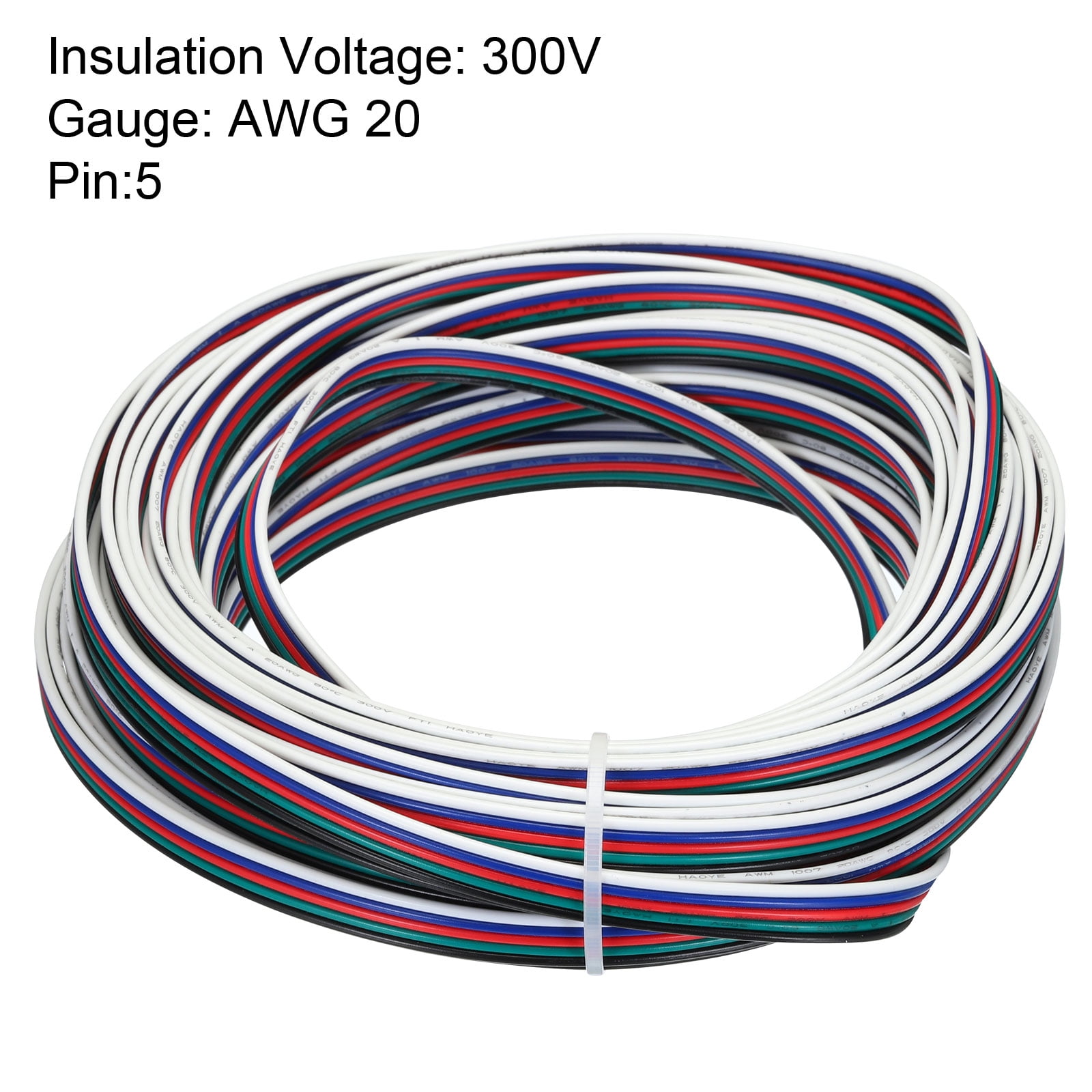 Uxcell 20 Gauge 5 Conductor Electrical Wire Tinned Copper Cable 49FT Stranded Wire for LED Strips Lamps Residential Wiring