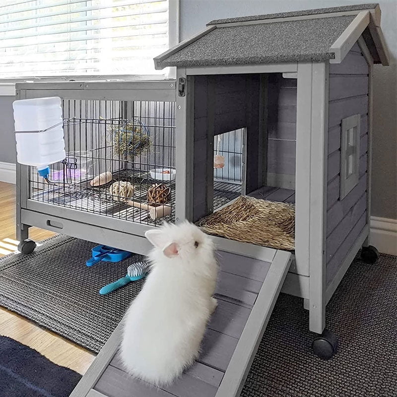 MEDEHOO Rabbit Cage with Wheels Bunny Hutch w/ Leak-Proof Tray, Rabbit Hutch for Outdoor and Indoor with Rest and Activity Area