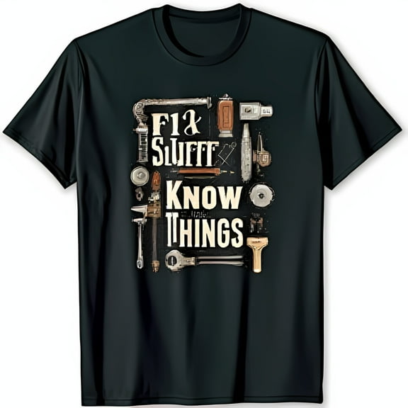 Vintage Black T-Shirt with Hand Tools Design 'Fix Stuff Know Things' DIY Tee