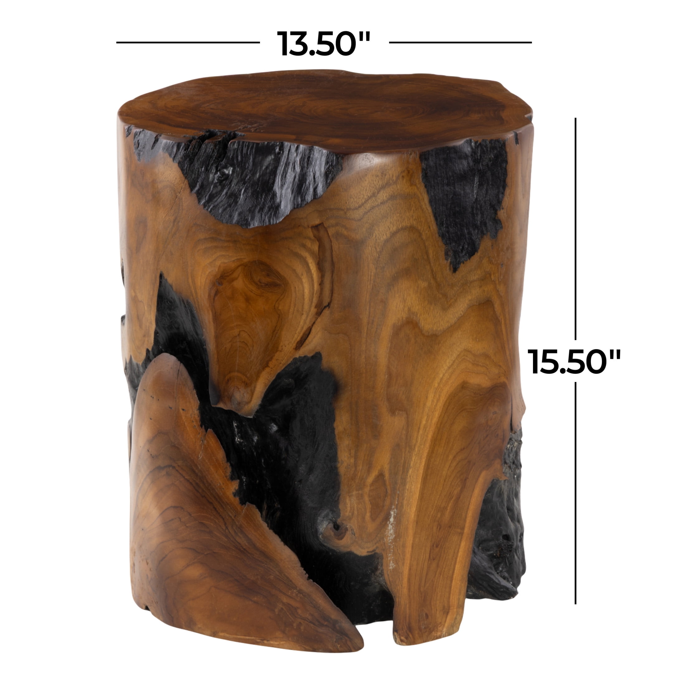 DecMode Teak Wood Handmade Live Edge Stump Stool with Charred Detailing, Brown