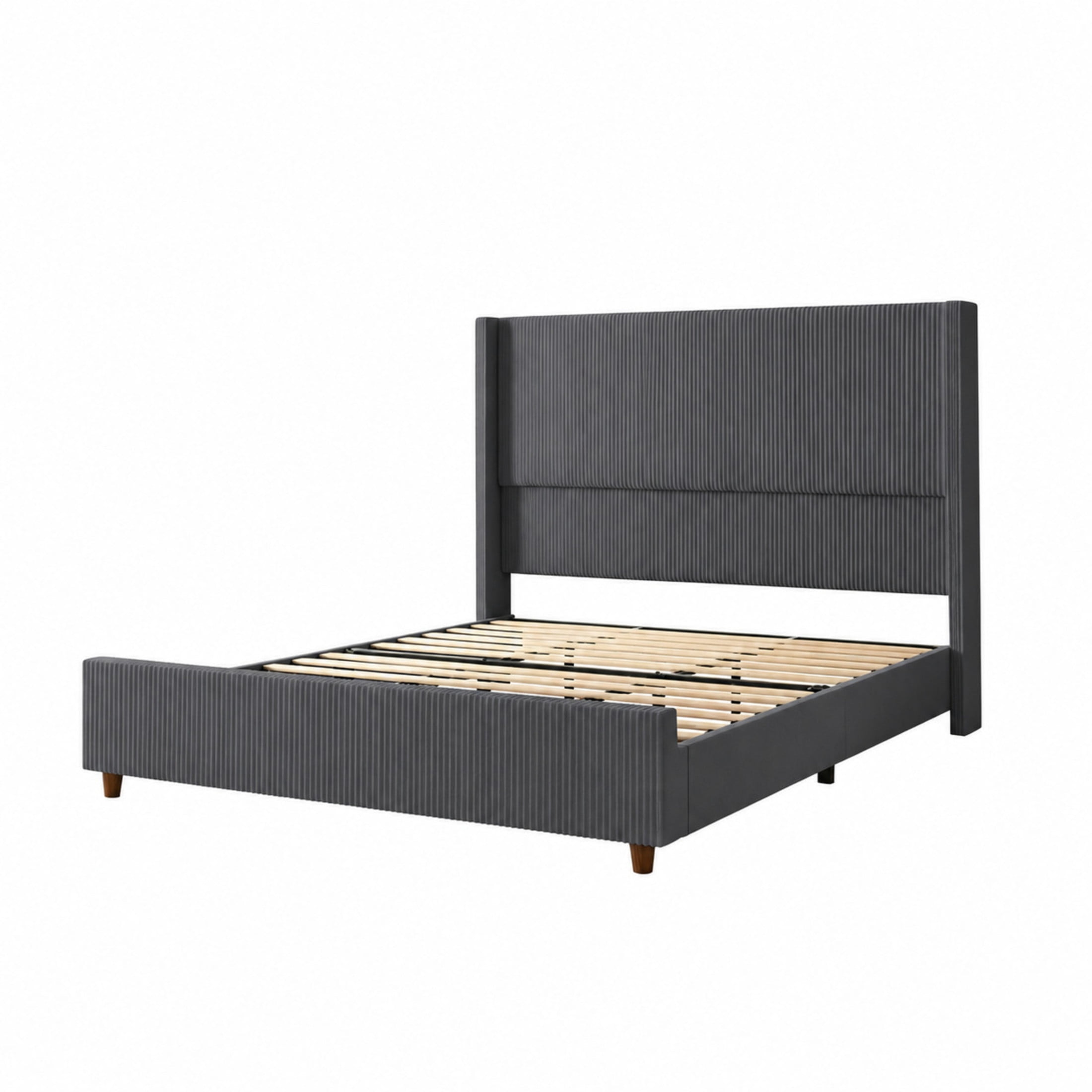 Noble House Abriele Full Size Corduroy Upholstered Wingback Bed Frame with Solid Wood Legs & Center Support, Dark Gray