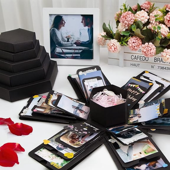 Explosion Gift Box, Valentines Day Handmade Exploding Photo Album Preassembled Surprise Picture Pop Up Love Box with Creative DIY Scrapbooking Accessories for Anniversary Birthday Wedding