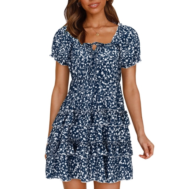 WTXUE Plus Robes Taille, Robe Trapèze à Manches Courtes Vestidos Casuales Para Mujer Col Ras du Cou, Robe d'Été à Manches Trapèze Robe Plissée Robe d'Été Florale Mi-Longue pour Femme Grande Taille, Bleu Taille P