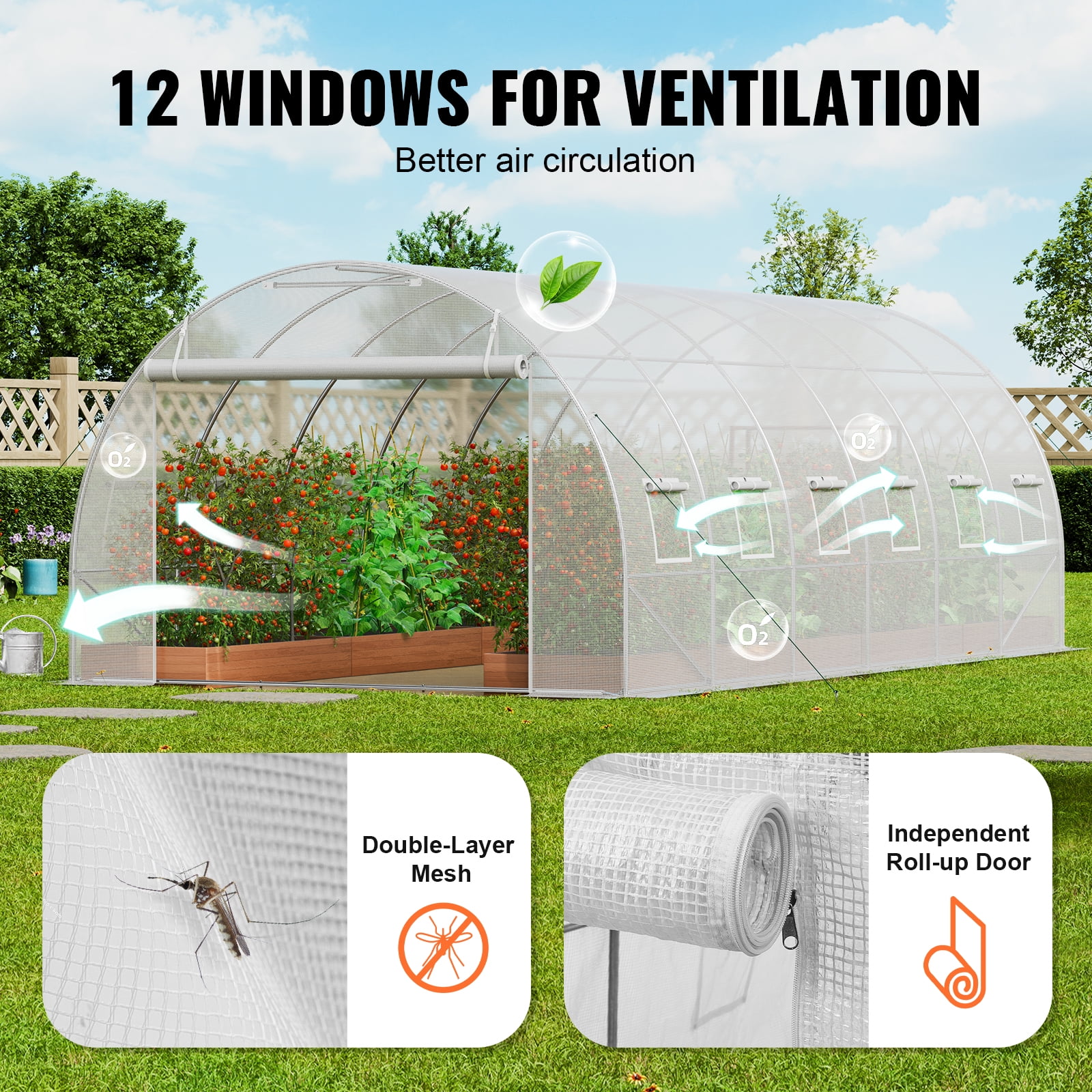 KFFKFF Tunnel Greenhouse, 19.4x9.7x6.5 ft, with Sturdy Galvanized Steel Frame, White PE Protection, Roll-up Door & 12 Ventilation Windows for Garden