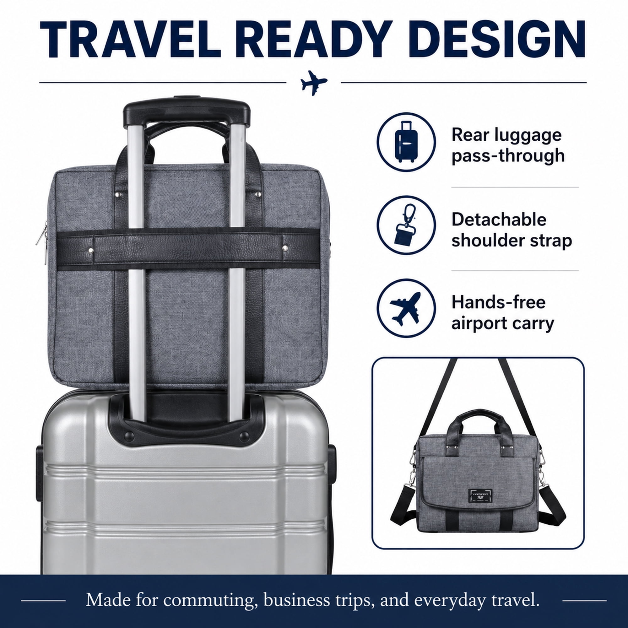 VANGODDY 17 Inch Laptop Messenger Bag, Padded Business Briefcase with Shoulder Strap, Travel Luggage Strap, Gray