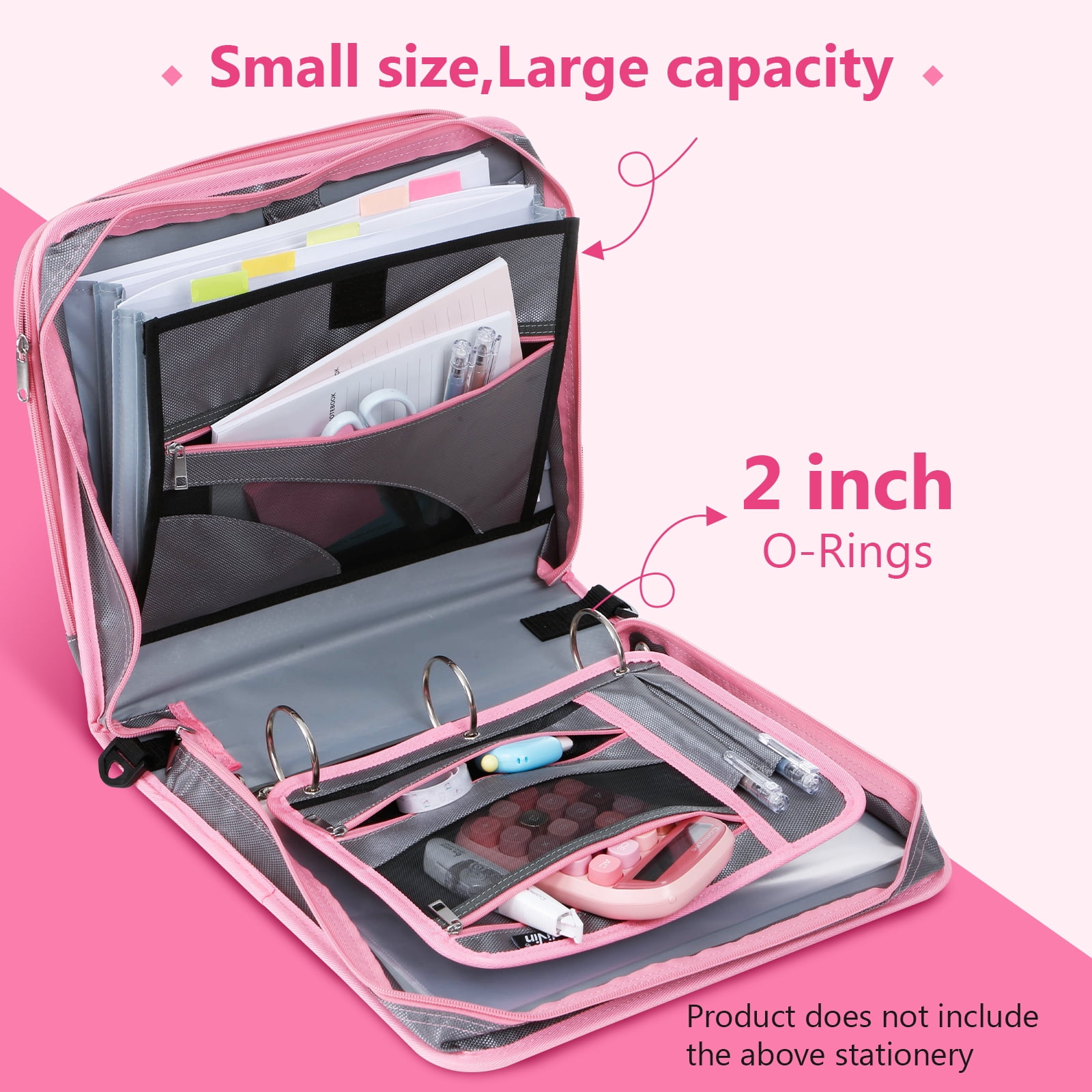 ViVin Zipper Binder 2 Inch O-Ring 450 Sheet Capacity, Multiple Tap and Zip Pockets, Office Supplies, Pink