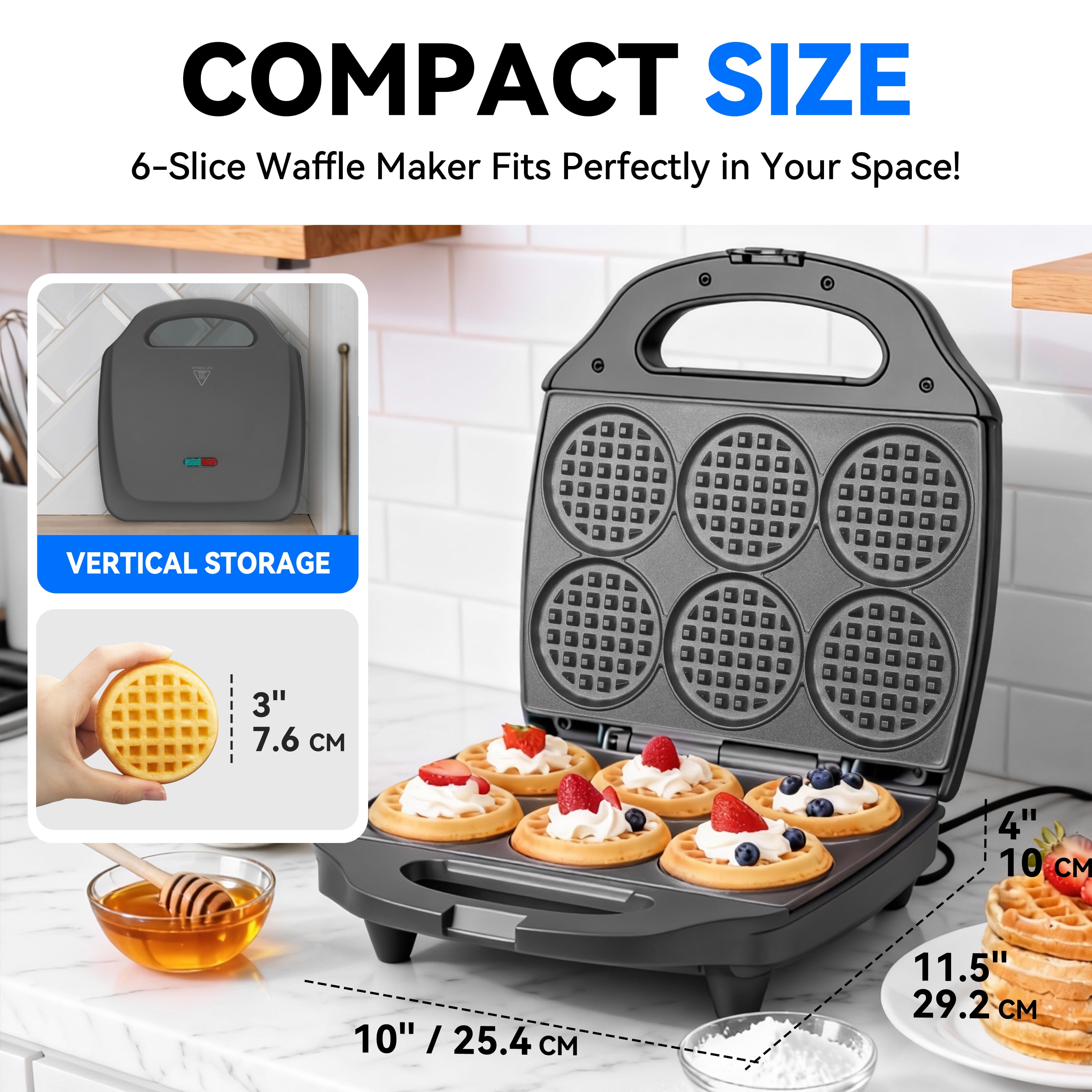 Mailand 6 x 3'' Multi Mini Waffle Maker Machine, Small Waffle Iron, Perfect for Families and Individuals Use, Non-Stick, 900W, Black