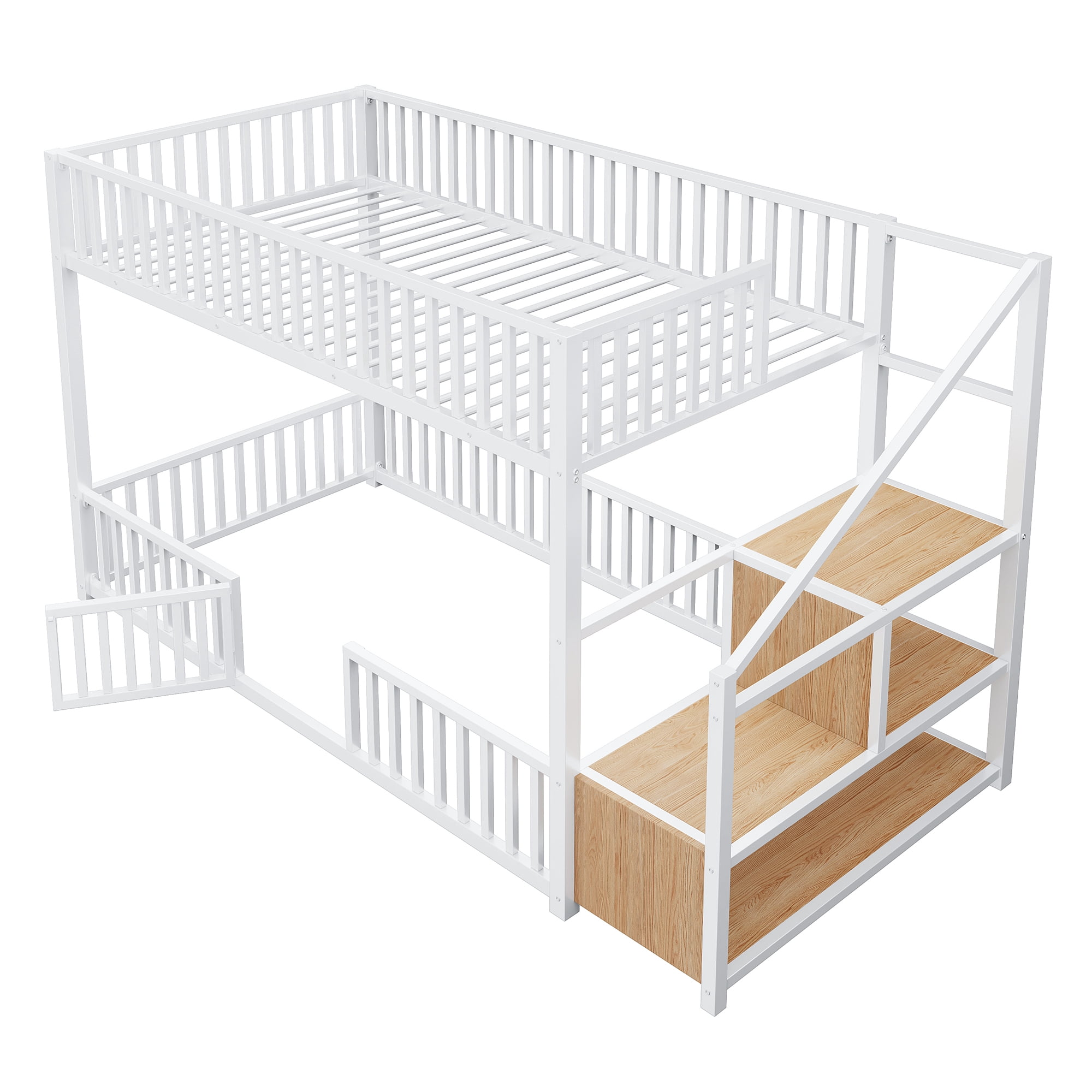 Euroco Metal Twin over Twin Bunk Bed with Staircase and Guardrails, White
