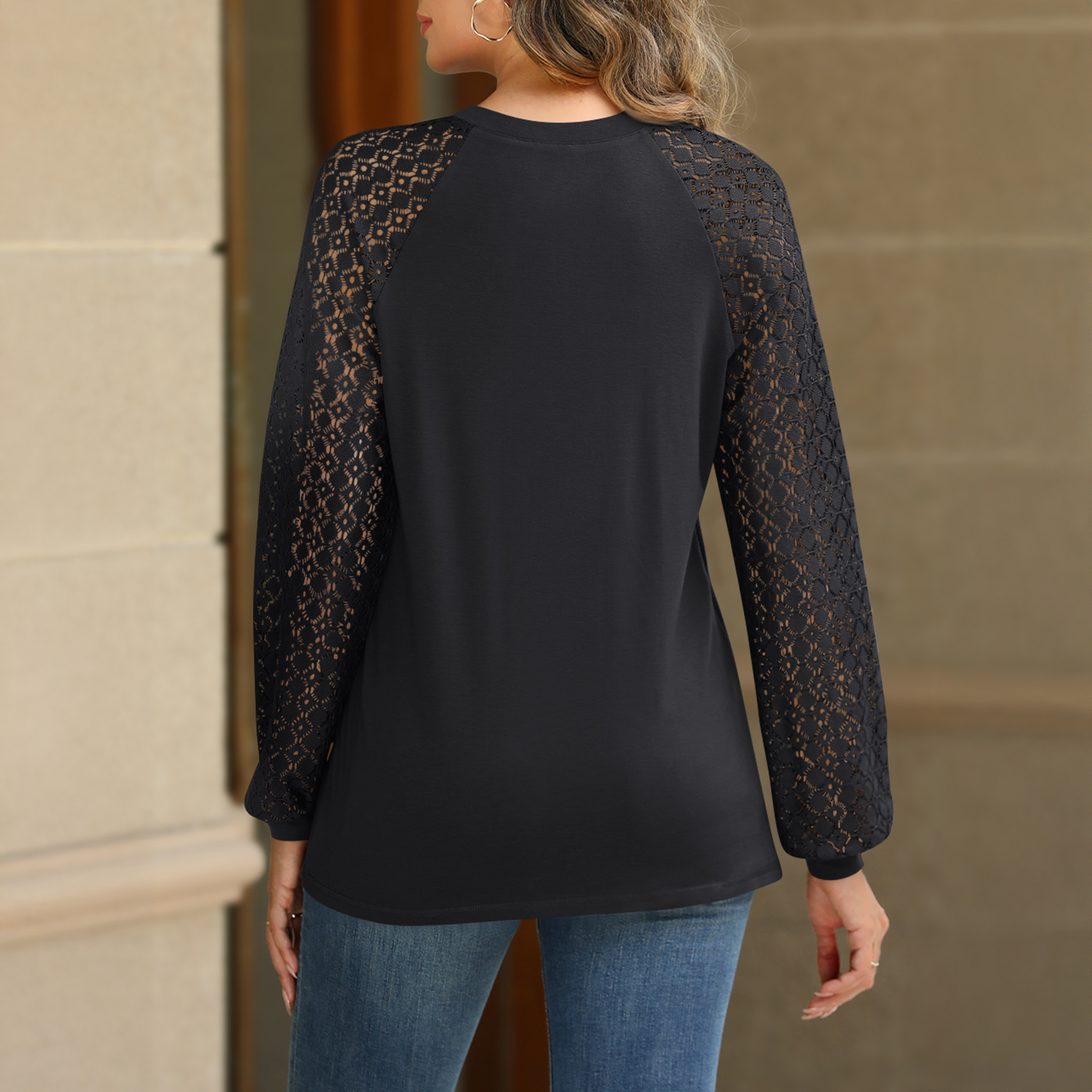 SUNBS Women's Lace Raglan Long Sleeve Blouse, Black photo 6