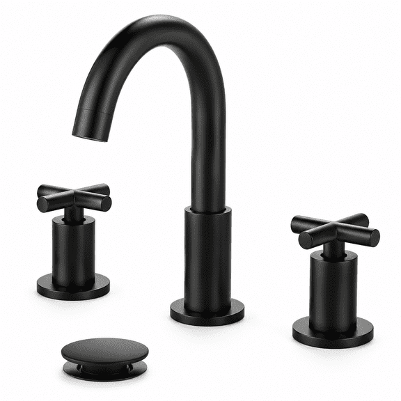 8" 3-Hole Bathroom Sink Faucet, Black Curved Spout, 6-16" Widespread Vanity Lavatory with 2 Cross Handles