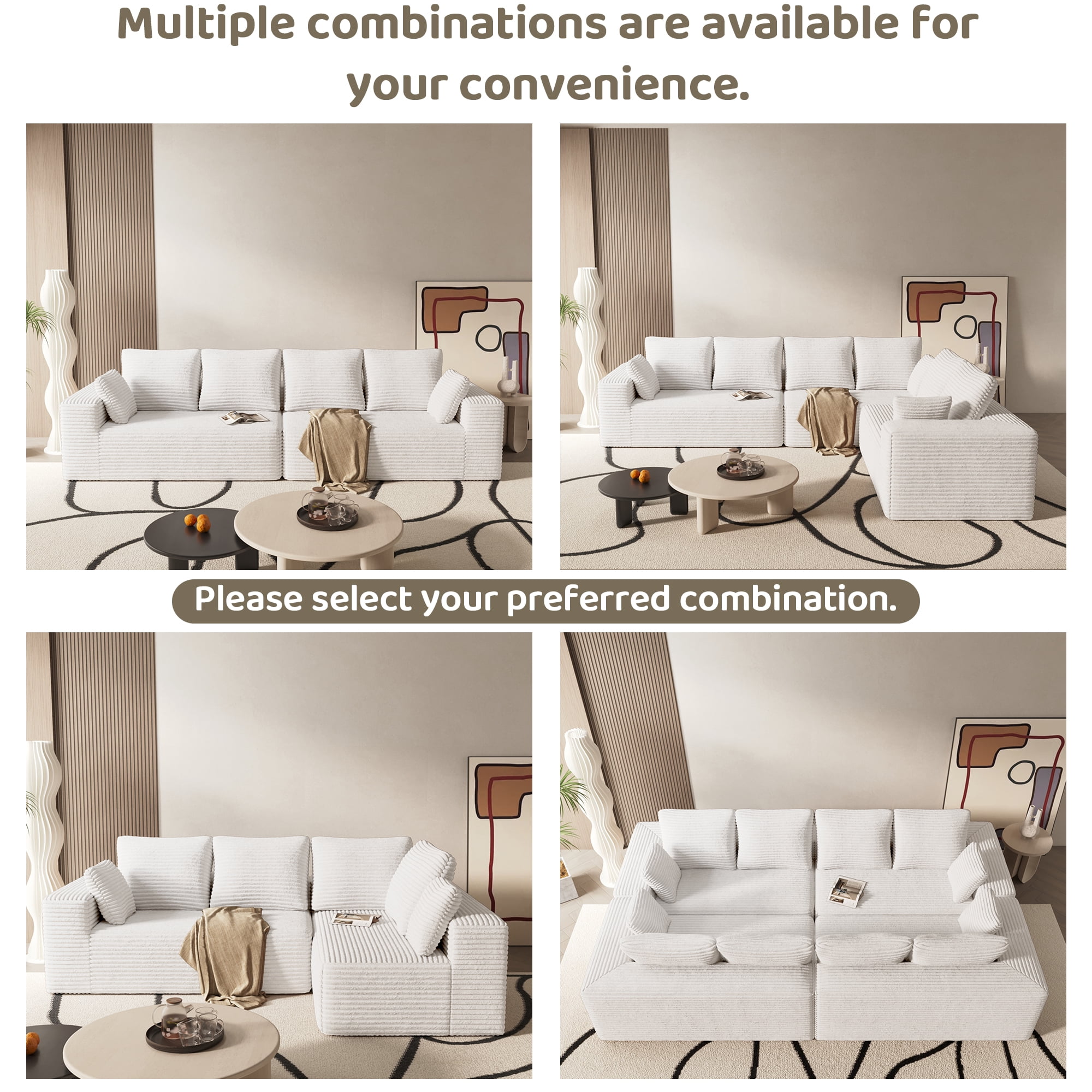 134" Modern L-Shaped Sectional Sofa for Living Room Bedroom, Modular Cloud Sectional Couch with Deep Seating Upholstered Sofa, Free Combination Sofa, Corduroy Upholstery, No Assembly, Beige Couch