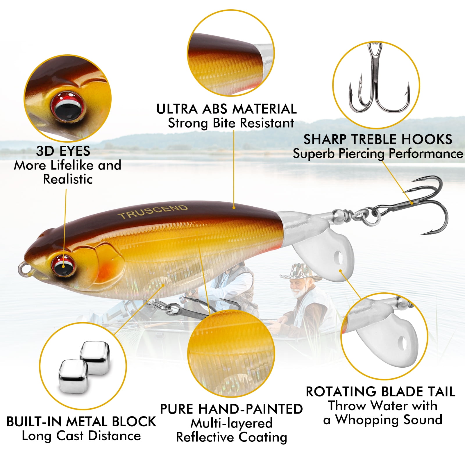 TRUSCEND Popobait Fishing Lures with BKK Hooks, Easy Catch: Instant Startup, Longer Cast, Balanced Spray/Sound/Swim, Topwater Plopper Bait for Bass, Walleye, Catfish, Pike, Great for Family Fishing