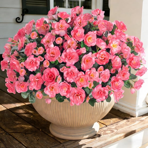 Artificial Faux Flowers Plants for Outdoor Outside Spring Decoration, Fake Silk Pink Camellia UV Resistant Realistic for Planter Pot Porch Patio Balcony Garden Yard Home Decor, 3 Large Bundles