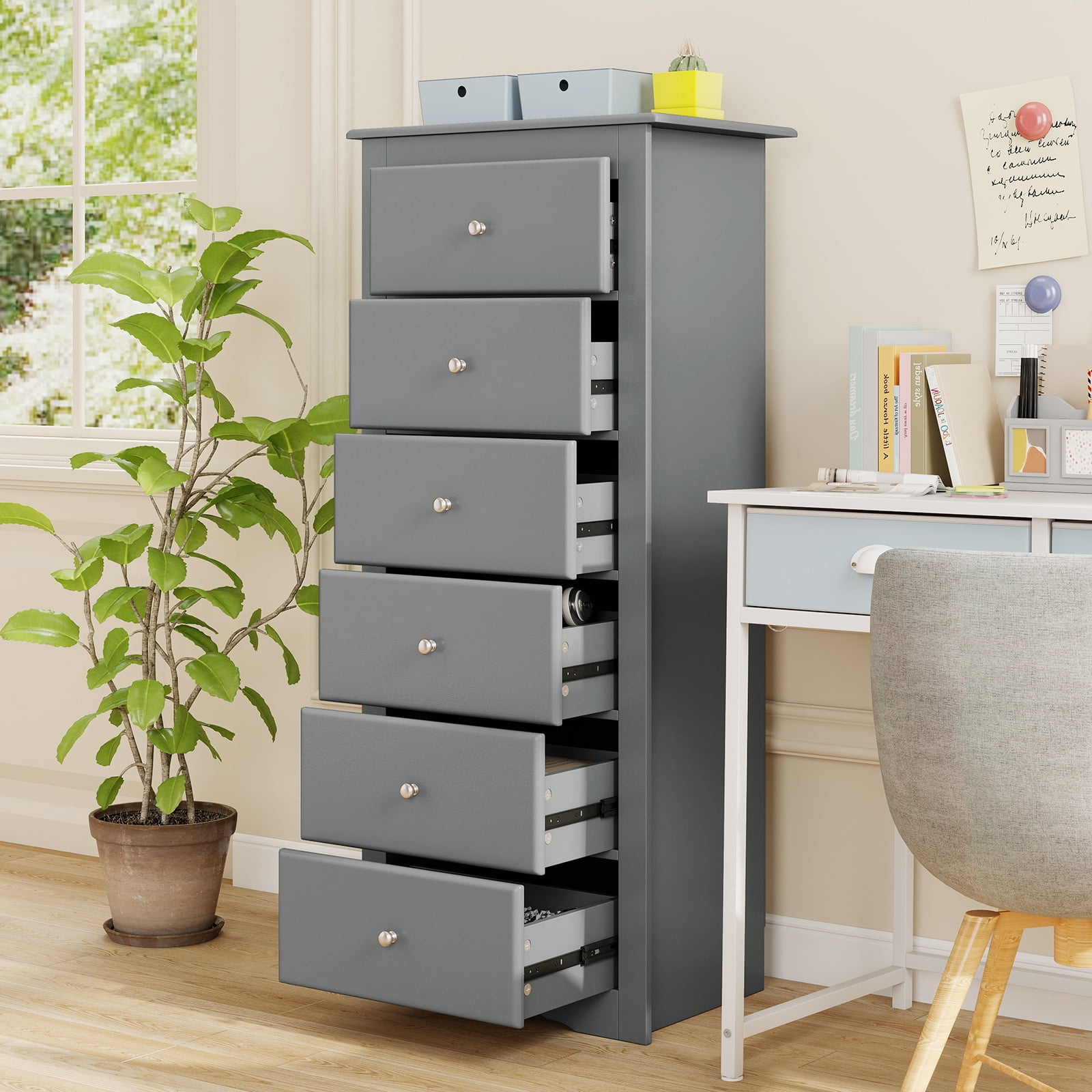 Giantex 6 Dresser Chest, Free Standing Wooden Storage Cabinet, Tall Dresser Clothes Organizer, Grey