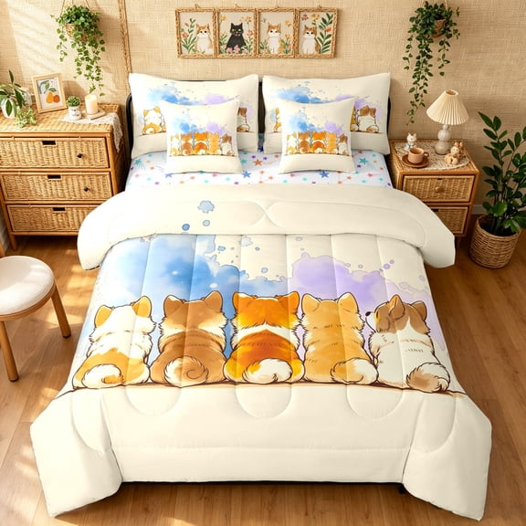 Manfei Watercolor Corgi Twin Bedding, Splash Ink Bedding Comforter Set, Cream Orange, Stars Reversible, 7-Piece