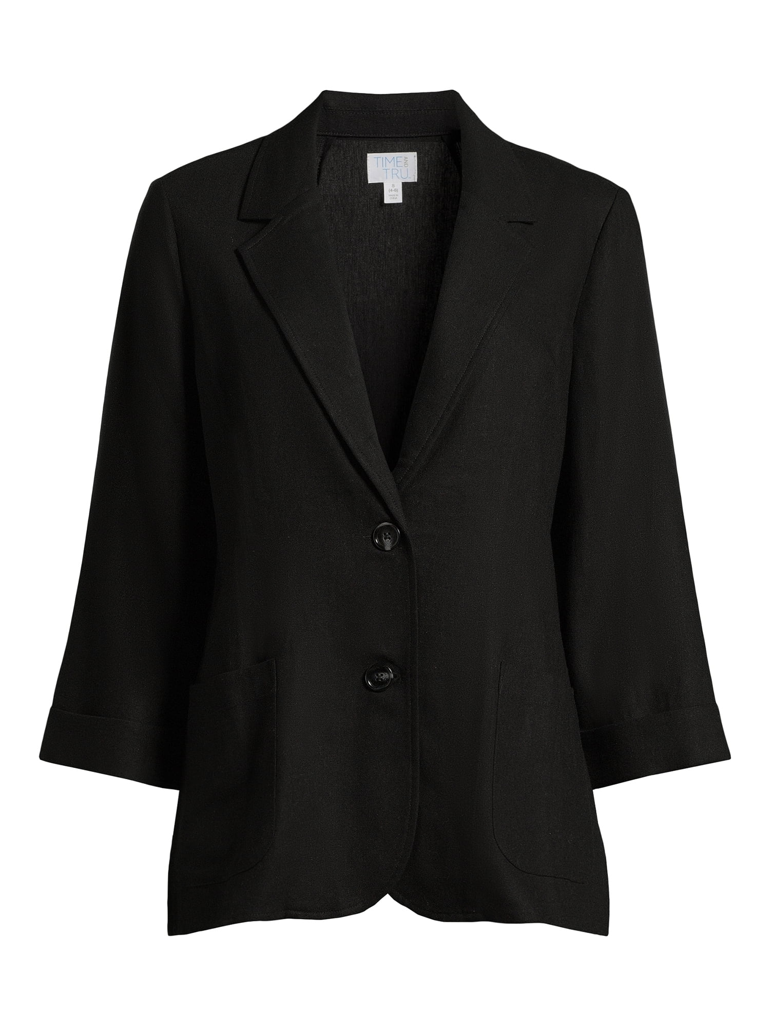 Time and Tru Women’s Linen-Blend Button Front Blazer with Patch Pockets, Sizes S-XXXL
