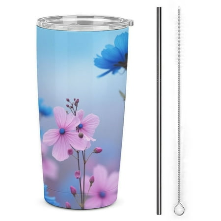 

20oz Insulated Stainless Steel Tumbler Pink And Blue Wildflowers Double Wall Vacuum Travel Coffee Mug