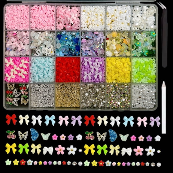1 Box Colorful Mini Flower Bow Rose Nail Art Decoration Mini Steel Ball Rhinestone Alloy Cherry Nail Charms DIY Crafts Accessories