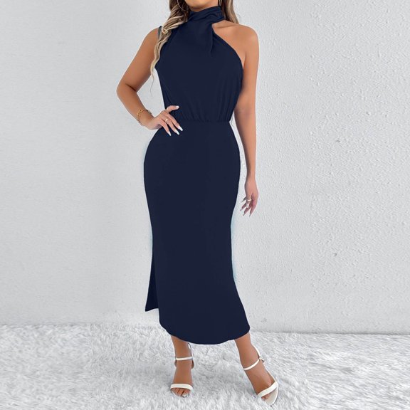 Bnwani Women's Dresses,Summer Dresses,Crew Neck,Zipper,Satin,Sleeveless,Dark Blue,XL