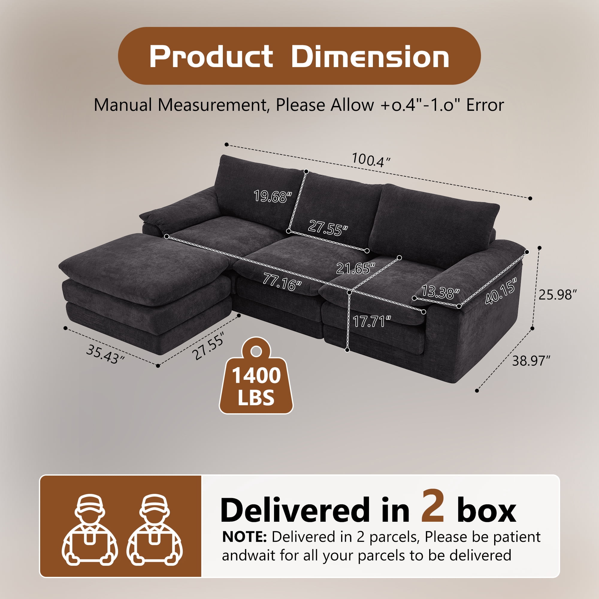 U Shape Cloud Sectional Sofa 100.4 Inch, Modular Couch with Movable Ottoman for Living Room Apartment, Black