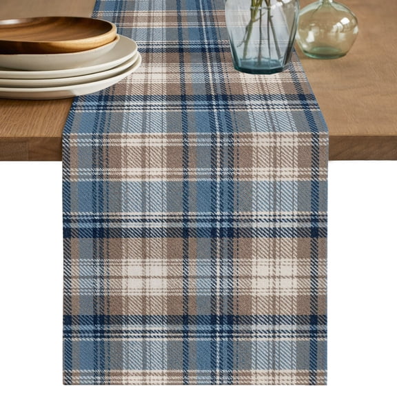 Blue Beige Buffalo Plaid Table Runner 120 Inches Long,White Farmhouse Modern Striped Cotton Linen Table Runners Dresser Scarves,Fabric Tabletop Scarf Furniture Cover for Home Dinner Party 13"x120"