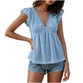 thumbnail image 2 of Ovbmpzd Summer Going Out Tops for Women Crochet Light Blue Casual V-Neck Classic Fit Short Sleeve Blouses & Tops Work Tops for Women,L, 2 of 6