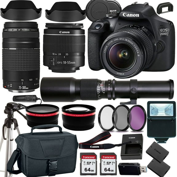 Canon EOS 2000D (Rebel T7) DSLR Camera w/Canon EF-S 18-55mm F/3.5-5.6 Zoom Lens Canon EF 75-300mm III Lens 500mm f/8.0 Telephoto Lens case 128Memory Cards (24PC)